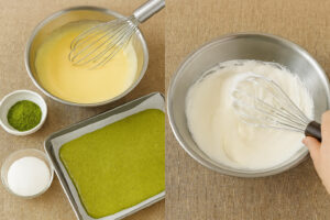 11：レシピ用の写真：卵と砂糖を泡立てている手